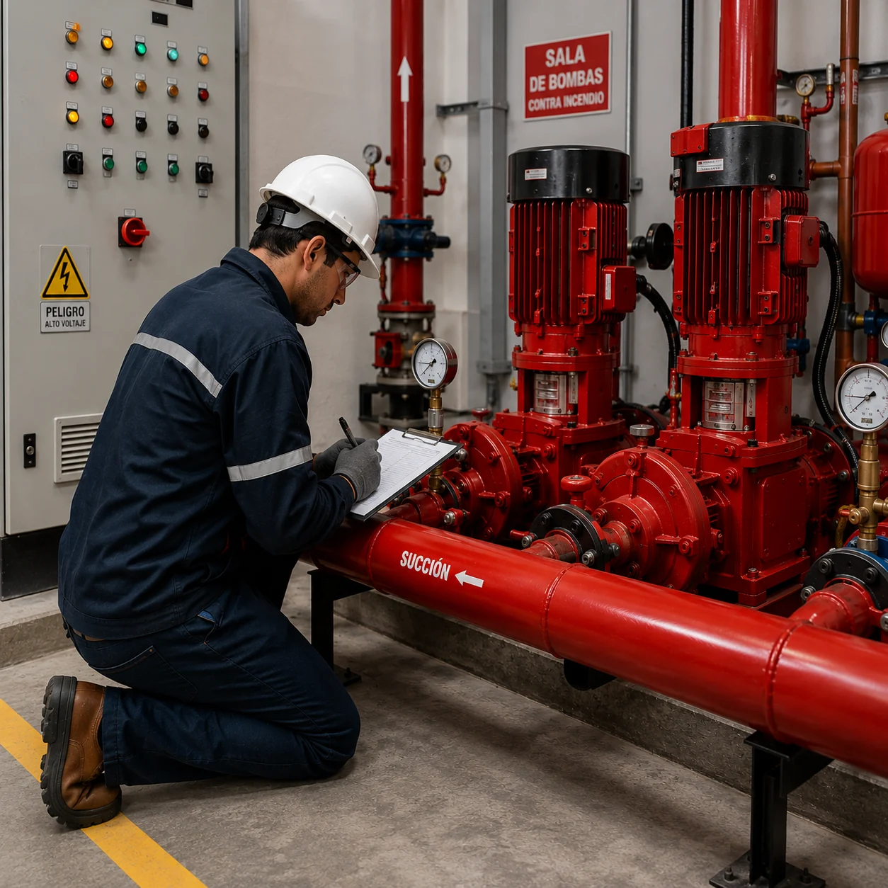 Ingeniero realizando servicio técnico en una sala de bombas